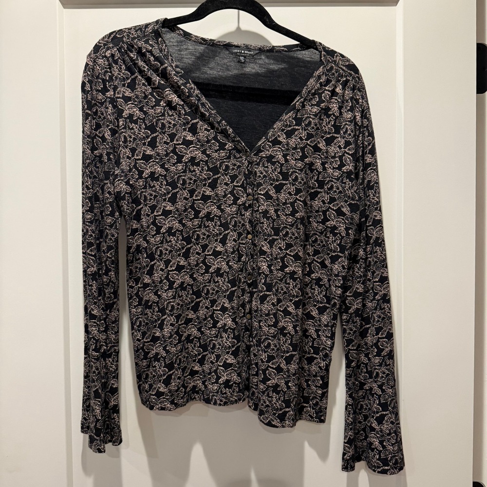 Romantic Boho Lucky Brand Floral Snap Front Top S Cotton Modal Long Sleeve